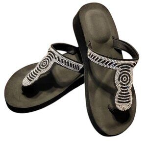Women's GoldToe Black Rhinestone Wedge Thong Sandals  Size 10